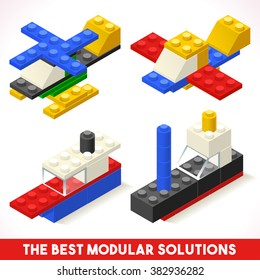 The Best Modular Solutions ads Isometric Basic Vehicle Ship and Airplane Collection Plastic Toy Blocks and Tiles Set Quality Colorful Vector Illustration for Web apps Web. Module Brick Vehicle.