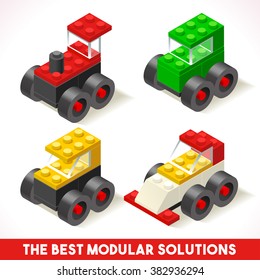 The Best Modular Solutions ads Isometric Basic Cars Collection Plastic Toy Blocks  Tiles Set Quality Colorful and Bright Vector Illustration for Web apps Web. Yellow Module Vehicle Tractor