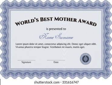 Best Mom Award. Nice design. With great quality guilloche pattern. Border, frame.