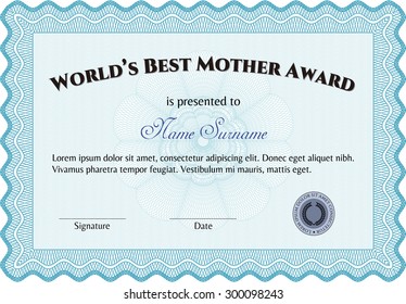 Best Mom Award Template. Artistry design. With guilloche pattern. Detailed.
