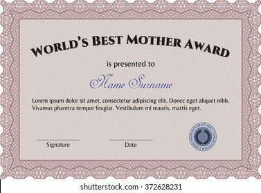 Plantilla de premio a la mejor mamá. Borde, marco.Con patrón de guilloche y fondo. Diseño superior. 