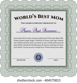 Best Mom Award Template. With guilloche pattern and background. Vector illustration. Excellent complex design. 