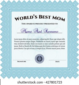 Best Mom Award Template. With guilloche pattern and background. Excellent complex design. Vector illustration. 