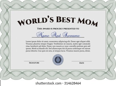 Best Mom Award Template. With quality background. Border, frame.Excellent complex design. 