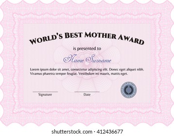 Best Mom Award Template. Vector illustration. Excellent complex design. With guilloche pattern and background. 