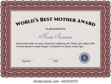 Best Mom Award Template. Vector illustration. With guilloche pattern and background. Excellent complex design. 