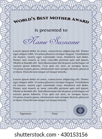 Best Mom Award Template. Vector illustration. Excellent complex design. With guilloche pattern and background. 