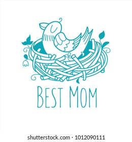 The best mom. The bird sits in the nest. Vector clipart. Isolated on a white background.