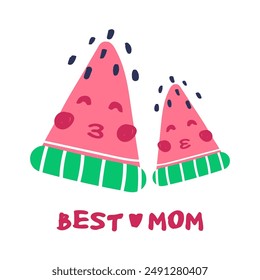 Best mom caption lettering. Watermelon slices kisses, emotions in a cartoon style. hand drawn vector illustration, flat naive art style