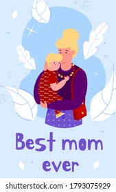 Best mom card template with woman and child characters cartoon vector illustration on decorative blue background. Holiday greeting postcard or banner design.