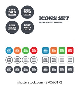 Best mom and dad, brother and sister icons. Award with exclamation symbols. Web buttons set. Circles and squares templates. Vector