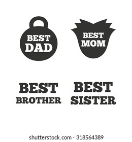 Best mom and dad, brother and sister icons. Weight and flower signs. Award symbols. Flat icons on white. Vector