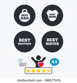 Best mom and dad, brother and sister icons. Weight and flower signs. Award symbols. Star vote ranking. Client like and think bubble. Quotes with message.