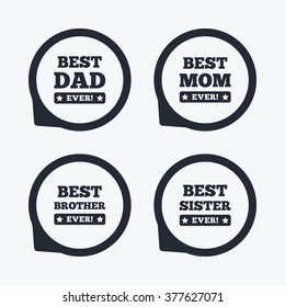 Best mom and dad, brother and sister icons. Award with exclamation symbols. Flat icon pointers.