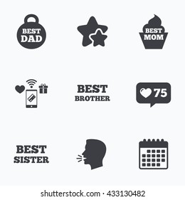 Best mom and dad, brother and sister icons. Weight and cupcake signs. Award symbols. Flat talking head, calendar icons. Stars, like counter icons. Vector
