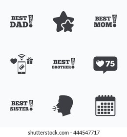 Best mom and dad, brother and sister icons. Award with exclamation symbols. Flat talking head, calendar icons. Stars, like counter icons. Vector