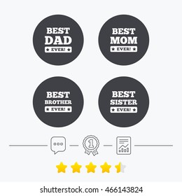 Best mom and dad, brother and sister icons. Award with exclamation symbols. Chat, award medal and report linear icons. Star vote ranking. Vector