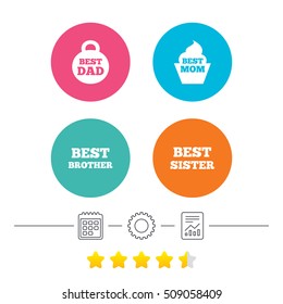 Best mom and dad, brother and sister icons. Weight and cupcake signs. Award symbols. Calendar, cogwheel and report linear icons. Star vote ranking. Vector
