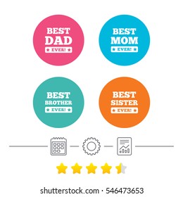 Best mom and dad, brother and sister icons. Award with exclamation symbols. Calendar, cogwheel and report linear icons. Star vote ranking. Vector