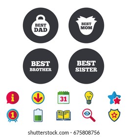 Best mom and dad, brother and sister icons. Weight and flower signs. Award symbols. Calendar, Information and Download signs. Stars, Award and Book icons. Light bulb, Shield and Search. Vector