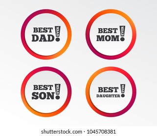 Best mom and dad, son and daughter icons. Awards with exclamation mark symbols. Infographic design buttons. Circle templates. Vector