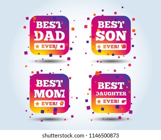 Best mom and dad, son and daughter icons. Awards with exclamation mark symbols. Colour gradient square buttons. Flat design concept. Vector