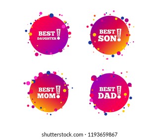 Best mom and dad, son and daughter icons. Awards with exclamation mark symbols. Gradient circle buttons with icons. Random dots design. Vector