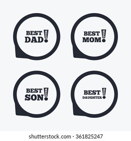 Best mom and dad, son and daughter icons. Awards with exclamation mark symbols. Flat icon pointers.