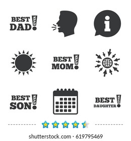 Best mom and dad, son and daughter icons. Awards with exclamation mark symbols. Information, go to web and calendar icons. Sun and loud speak symbol. Vector