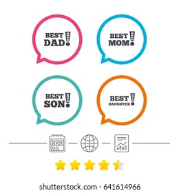 Best mom and dad, son and daughter icons. Awards with exclamation mark symbols. Calendar, internet globe and report linear icons. Star vote ranking. Vector