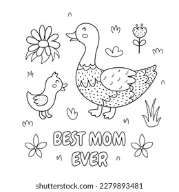 La mejor madre que nunca tiene huellas en blanco y negro con un lindo pato madre y su hija bebé. Divertida página de colorear familiar de animales para el Día de la Madre. Ilustración del vector