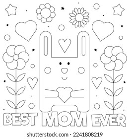 Best mom ever. Coloring page. Black and white vector illustration of a rabbit with a heart