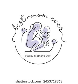 Best mom ever Happy Mothers Day handwritten calligraphy lettering pastel purple line design stamp badge draw of giving love to mom on white background