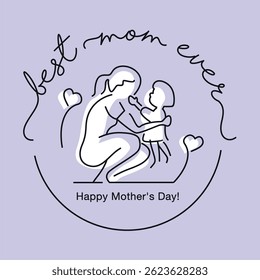 Best mom ever Happy Mother's Day handwritten calligraphy lettering line design stamp badge draw of child and mom giving love on pastel purple background