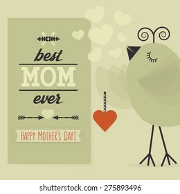 Best MOM ever and Happy Mother's Day card- Cute little bird holding a pendant close up