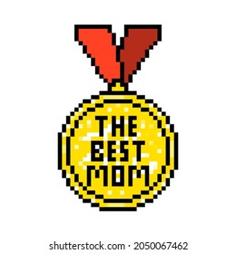 The best mom, gold medal with engraving isolated on white background. Pixel art mother's day print. Vintage retro 80s, 90s 2d 8 bit computer, video game graphics. Slot machine design element.