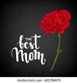 the best mom. Hand drawn brush pen lettering on shalkboard with red carnation. design for holiday greeting card and invitation of the happy mother day, birthday and Parents day