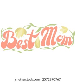 "Best mom" lettering in pastel orange with yellow flowers and stems decorates this charming illustration. Ideal for Mother's Day cards, posters, gifts, or home décor, it offers a soft and loving touch