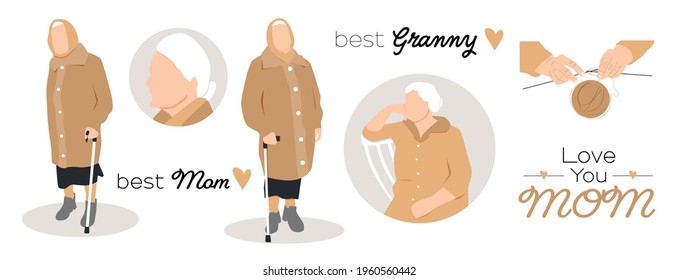 Best Mom set. Greeting card. Flat vector illustration.