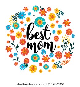 Best Mom, vector hand lettering. Happy Mother's Day calligraphy illustration with drawn hearts for greeting card, festival poster etc.