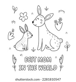 Best mom in the world black and white print with a cute mother rabbit and her baby bunny. Funny animals family coloring page for Mother’s Day. Vector illustration