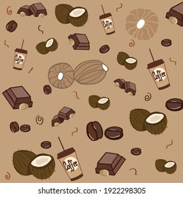 The best morning starts with coffee and chocolate. Coconut chocolate coffee paradise. Vector graphics. Modern exotic goodies 