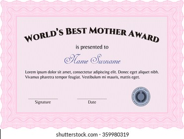 Best Mother Award. With great quality guilloche pattern. Detailed.Retro design. 