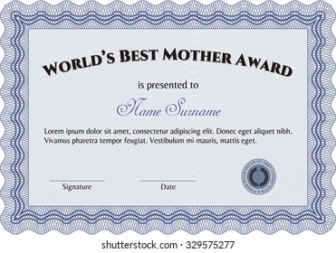 Best Mother Award Template. Border, frame.With guilloche pattern and background. Nice design. 