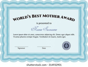 Best Mother Award Template. With complex linear background. Artistry design. Border, frame.