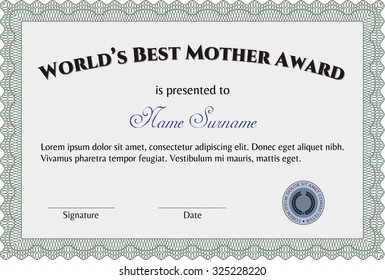 Best Mother Award Template. Vector illustration.Nice design. With great quality guilloche pattern. 