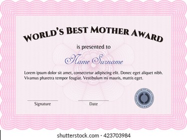 Best Mother Award Template. Vector illustration. Elegant design. With guilloche pattern. 