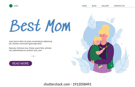 Best mother banner template with cartoon woman hugging scared kid. Motherhood website homepage with mom holding son in her arms, vector illustration