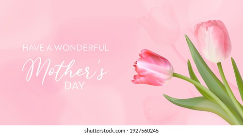 Best mothers day template banner. Vector floral illustration. Spring tulip flowers greeting design. Bouquet holiday Invitation, flyer, cover, poster. Woman Day, 8 March International day card