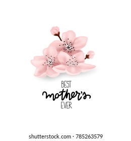 Best Mother's Ever. Lettering and plum blossoms. Object isolated on white background. 